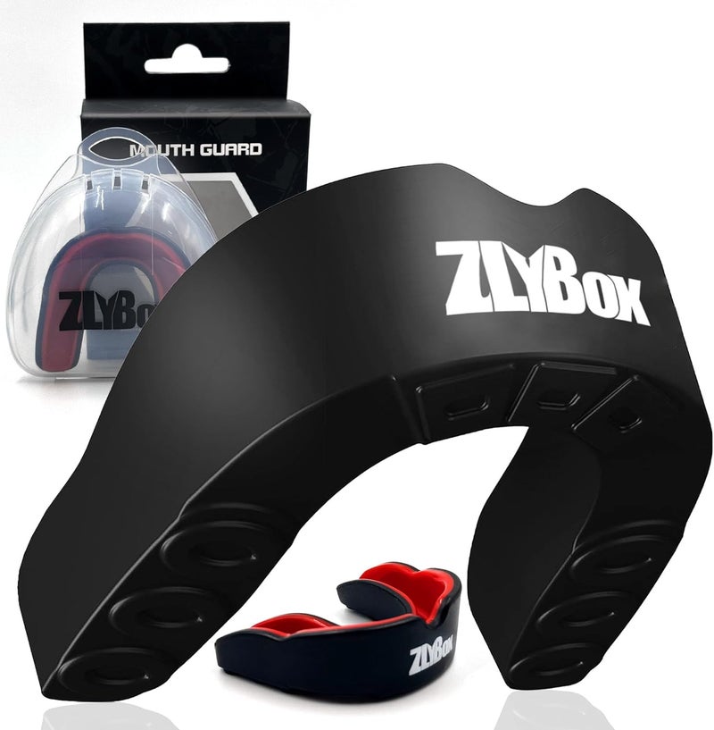 ZLYBox Dual-Layer Sports Mouth Guard for Adults & Youth with Case - Dental Protection for Boxing, Football, MMA, Hockey, Basketball, Lacrosse & All Contact Sports (Black red) - Image 1